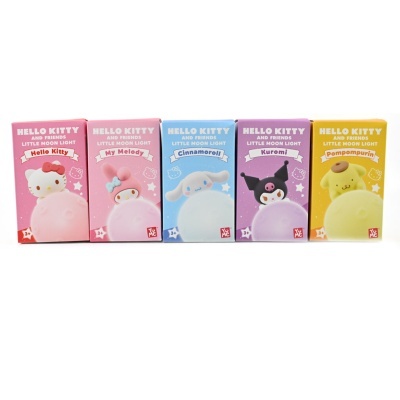 Cinco caixas coloridas de luzes noturnas Hello Kitty com diferentes personagens