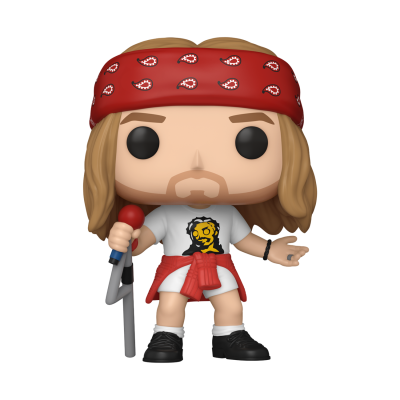 Figura Funko Pop com bandana vermelha, camiseta branca e microfone