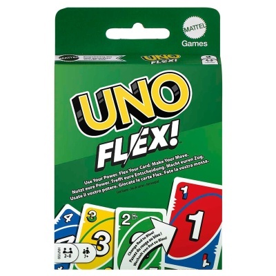 Pacote verde do jogo de cartas UNO FLÉX! com cartas coloridas visíveis e texto em várias línguas