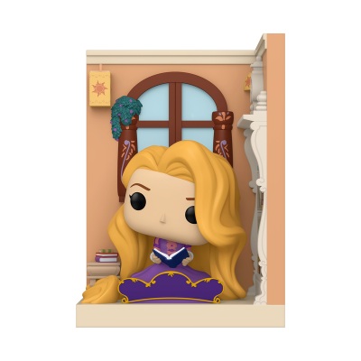 Figura Funko Pop da Rapunzel a ler um livro numa janela, cabelo comprido castanho claro e vestido roxo.