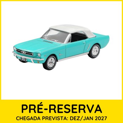 Miniatura de Ford Mustang 1965 azul com capota branca e texto de pré-reserva em amarelo