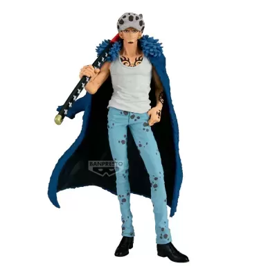 Figura de ação masculina com casaco azul, calças azuis manchadas e chapéu cinzento com manchas