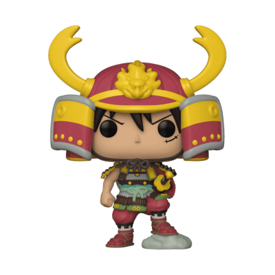 Figura Funko Pop de personagem com capacete vermelho e amarelo e armadura detalhada