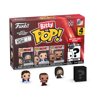 Caixa de brinquedos Funko Bitty Pop! WWE com quatro figuras pequenas incluindo uma misteriosa.