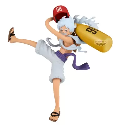 Figura de ação de personagem com cabelo branco, roupa branca, capacete vermelho 56 e bola amarela 56 BANPRESTO