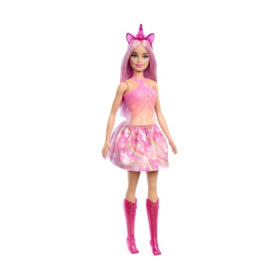 Boneca Barbie com roupa rosa e tiara de unicórnio