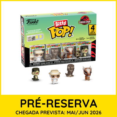 Pack 4 figuras vinil Bitty Pop Jurassic Park com embalagem colorida e texto pré-reserva