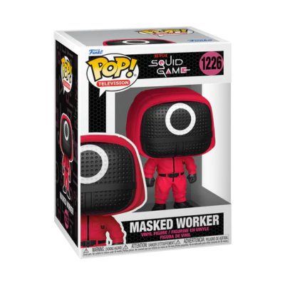 Figura Funko Pop! Masked Worker da série Squid Game com fato vermelho e máscara preta com círculo branco na caixa