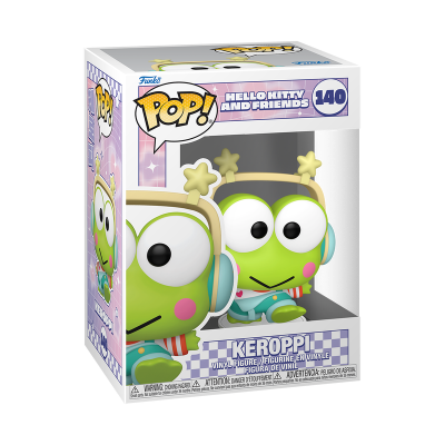 Figura de vinil Keroppi Funko Pop! Hello Kitty and Friends 140 em caixa com janela, design lilás xadrez.
