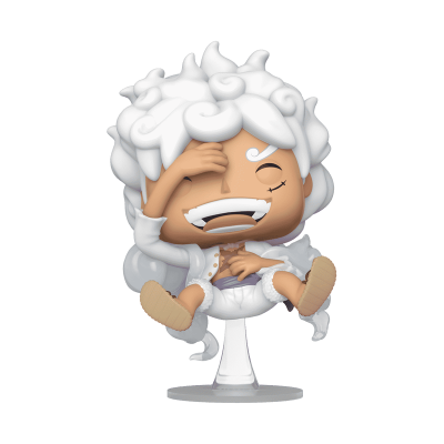 Figura de vinil estilo cartoon com cabelo branco e sorriso largo sentado numa base transparente