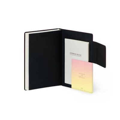 Capa preta rígida aberta com caderno branco e papel amarelo rosa MADE IN ITALY