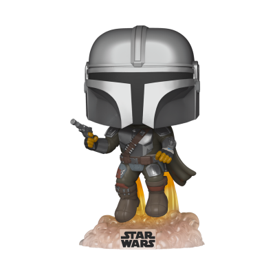 Figura Funko Pop Mandalorian com capacete prateado em suporte com fogo e base STAR WARS
