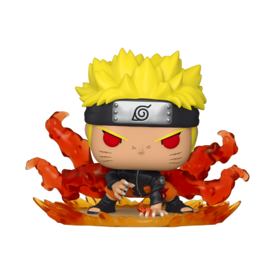 Boneco Funko Pop de Naruto Uzumaki com cabelo amarelo, venda preta com símbolo, olhos vermelhos, casaco preto e chamas laranjas.