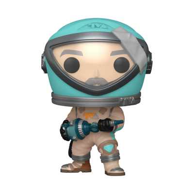 Figura Funko Pop de astronauta com capacete azul claro e fato bege segurando ferramenta