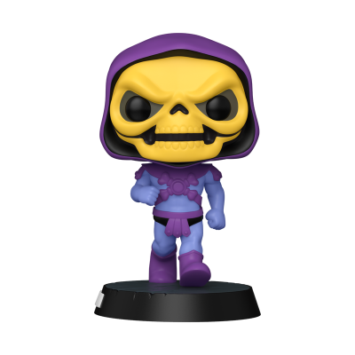 Figura de vinil colecionável de personagem com cabeça de caveira amarela e capuz roxo