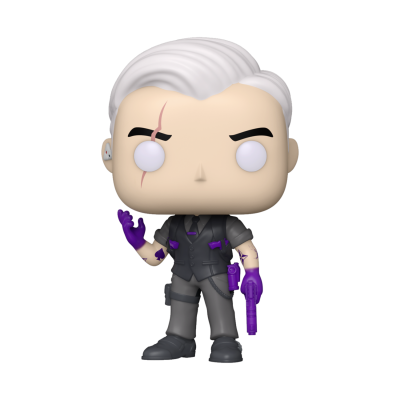 Funko Pop com cabelo branco, colete cinza e pistola roxa