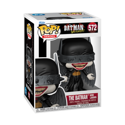 Boneco Funko Pop! The Batman Who Laughs com máscara preta e asas em caixa