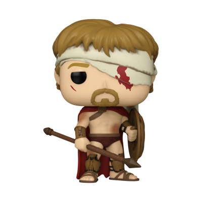 Figura colecionável Funko Pop de guerreiro com faixa na cabeça e escudo.
