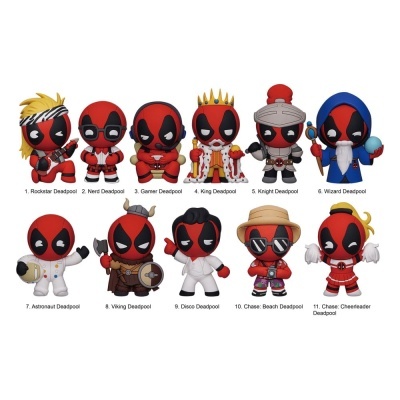 Conjunto de 11 bonecos Deadpool em várias fantasias sobre fundo branco