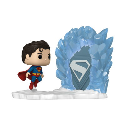 Figura Funko Pop do Superman com base de neve e cristais azuis com símbolo 'S'.