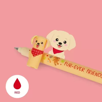 Caneta de cão com tinta vermelha e design de cão amarelo em fundo rosa