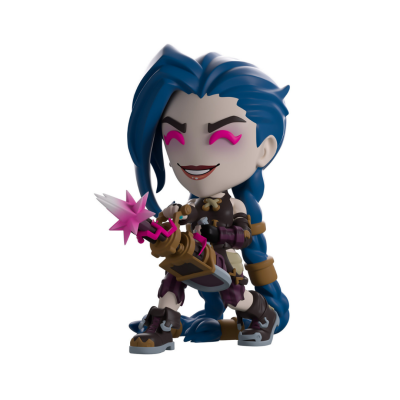 Figura de brinquedo de personagem com cabelo azul e arma brilhante rosa