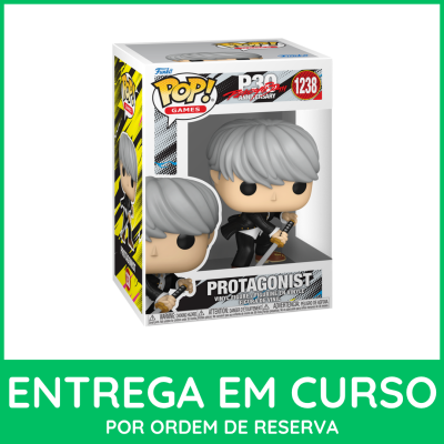 Funko Pop Protagonist com cabelo cinza e roupa preta na embalagem oficial P30 Anniversary