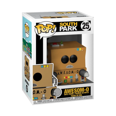 Figura Funko Pop AWESOM-O de South Park em caixa branca com detalhes em preto e amarelo.