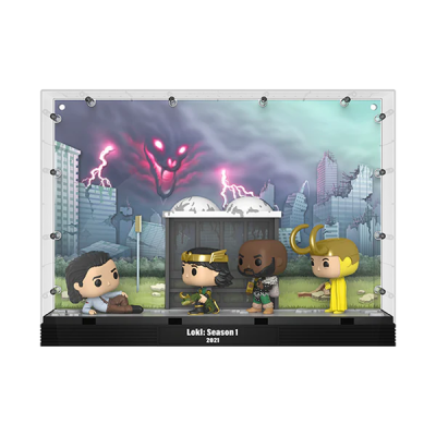 Figuras Funko Pop da série Loki dentro de acrílico com fundo de cidade destruída