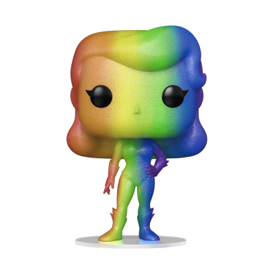 Figura Funko Pop em cores do arco-íris com base branca.