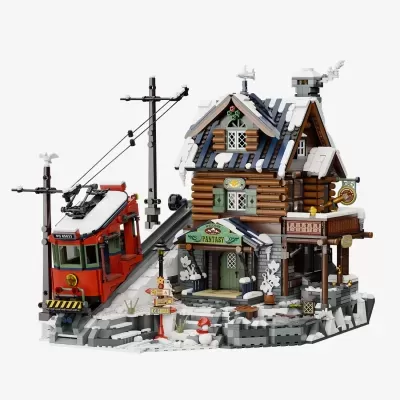 Modelo LEGO de casa de madeira com elétrico vermelho e neve