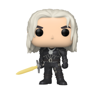 Figura Funko Pop de personagem com cabelo branco e roupa preta segurando espada amarela