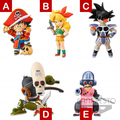 Cinco figuras colecionáveis coloridas de personagens com diferentes roupas e armas, sobre fundo branco.