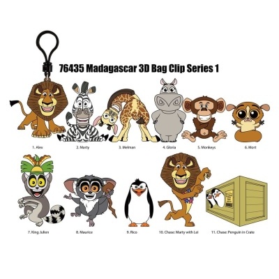 Chaveiros 3D dos personagens do Madagascar Series 1 com 11 modelos, coloridos e detalhados, com texto 76435 Madagascar 3D Bag Clip Series 1.