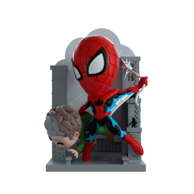 Figura colecionável Homem-Aranha estilo Funko Pop com cenário urbano