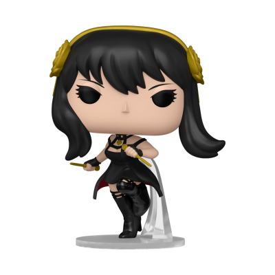 Figura colecionável Funko Pop feminina vestida de preto com acessórios dourados e armas