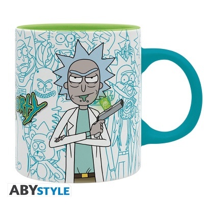 Caneca cerâmica com Rick de Rick and Morty em fundo branco e azul, interior verde e pega azul