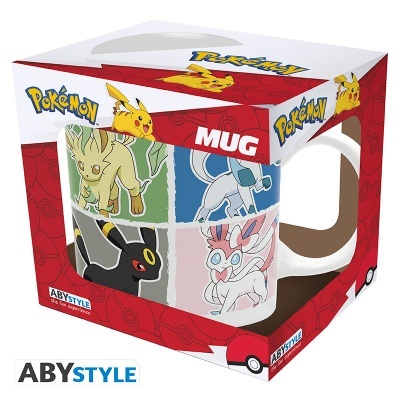 Caneca Pokémon de cerâmica com imagens coloridas de Leafeon, Glaceon, Umbreon e Sylveon na embalagem