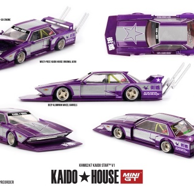 Miniatura de carro desportivo roxo e cinza com capot aberto e detalhes KAIDO WORKS