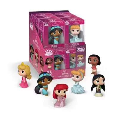 Figuras Funko vinil das princesas Disney Jardineira e Cinderella em embalagens roxas.