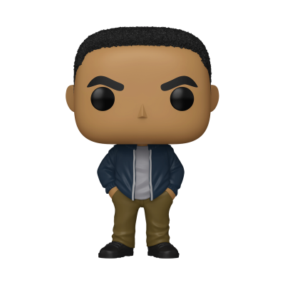 Figura colecionável Funko Pop de personagem masculino vestindo jaqueta azul, calças castanhas e sapatos pretos.