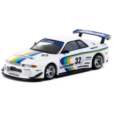Miniatura de carro desportivo branco com linhas coloridas e número 32