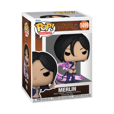 Figura Funko Pop! Merlin de The Seven Deadly Sins em caixa com detalhes laranja e branca.