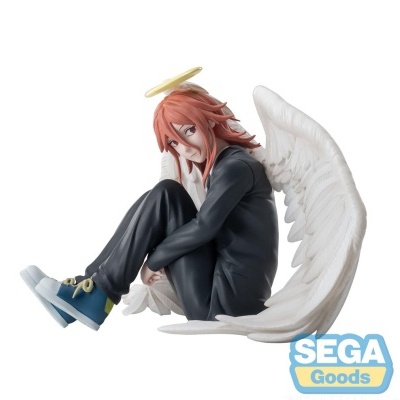 Figura anjo com asas brancas, cabelo laranja e roupa preta