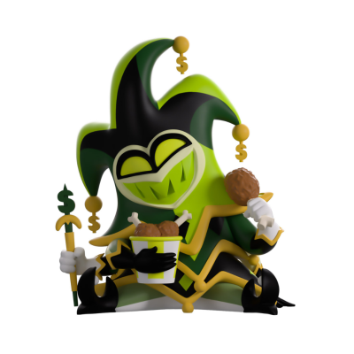 Figura de palhaço verde, preto e amarelo segurando frango frito num balde e uma coxa.