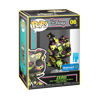 Figura vinil Pop! Disney Zero, padrão preto amarelo rosa, embalagem com etiquetas Art Series e Only at Walmart.