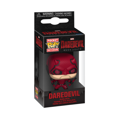 Figura chaveiro Daredevil Funko Pop na caixa preta e vermelha