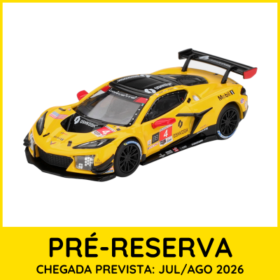 Miniatura de carro de corrida amarelo com detalhes em preto e vermelho e número 4