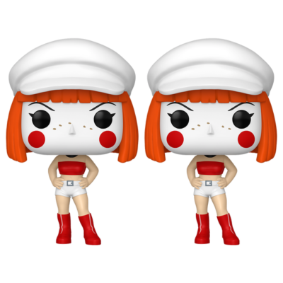 Duas figuras Funko Pop com roupa vermelha e branca contra fundo branco