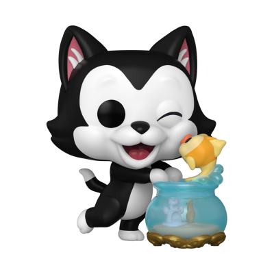 Figura Funko Pop de gato preto e branco com peixe e aquário azul
